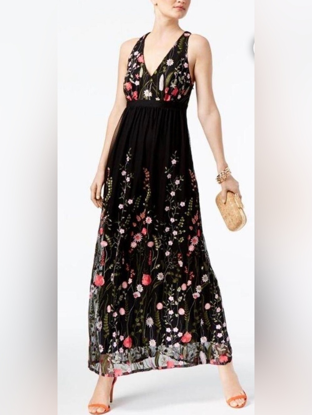 I N C Black Floral Embroidered V-Neck Maxi Dress Sz. XL
